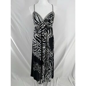Vintage Y2K Zebra Silk Slip Dress L Glam Animal Print Babydoll Strappy Maxi USA